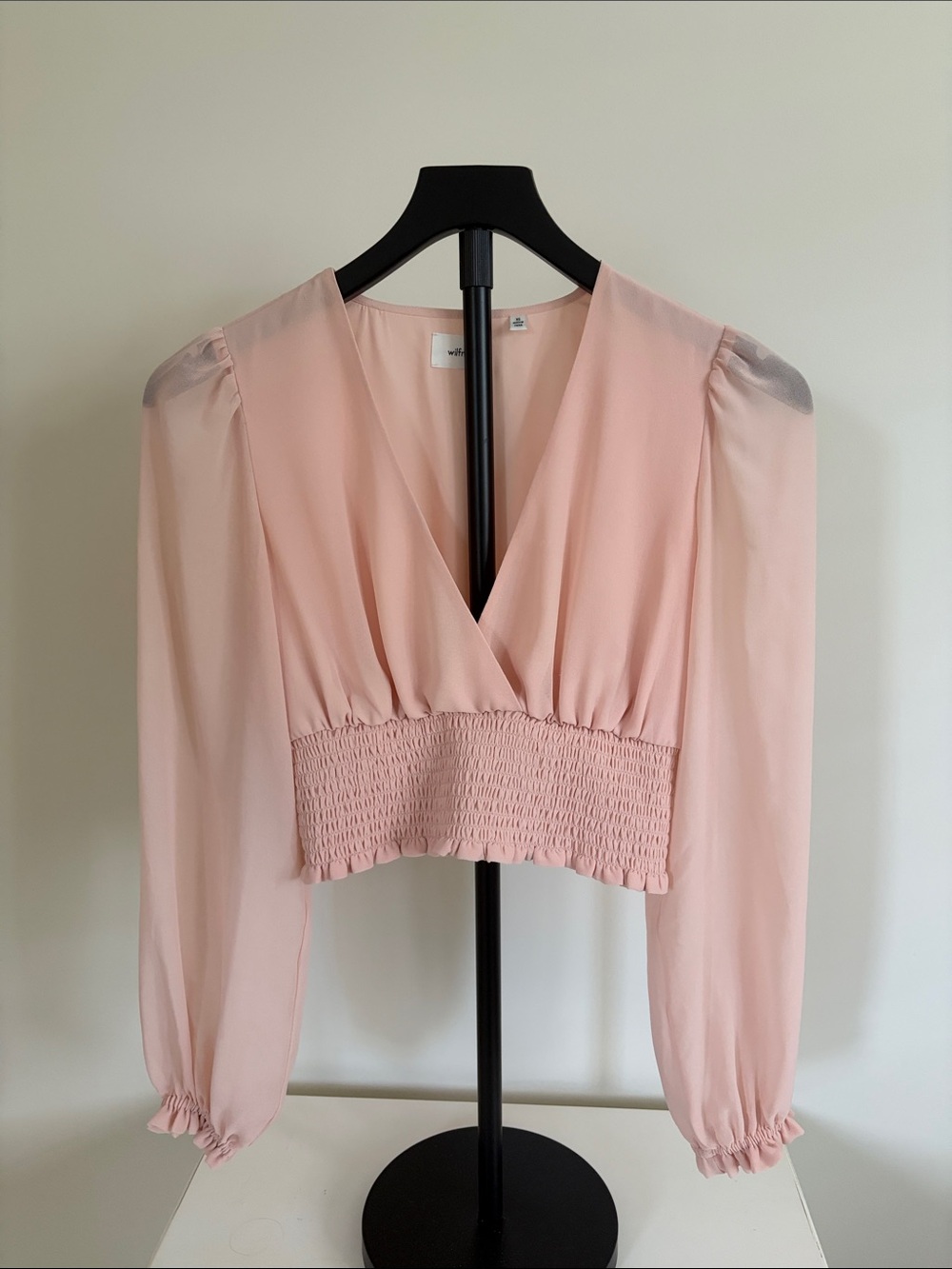 Wilfred Light Pink V-Neck Smocked Waist Long Sleeve Sheer Top XS